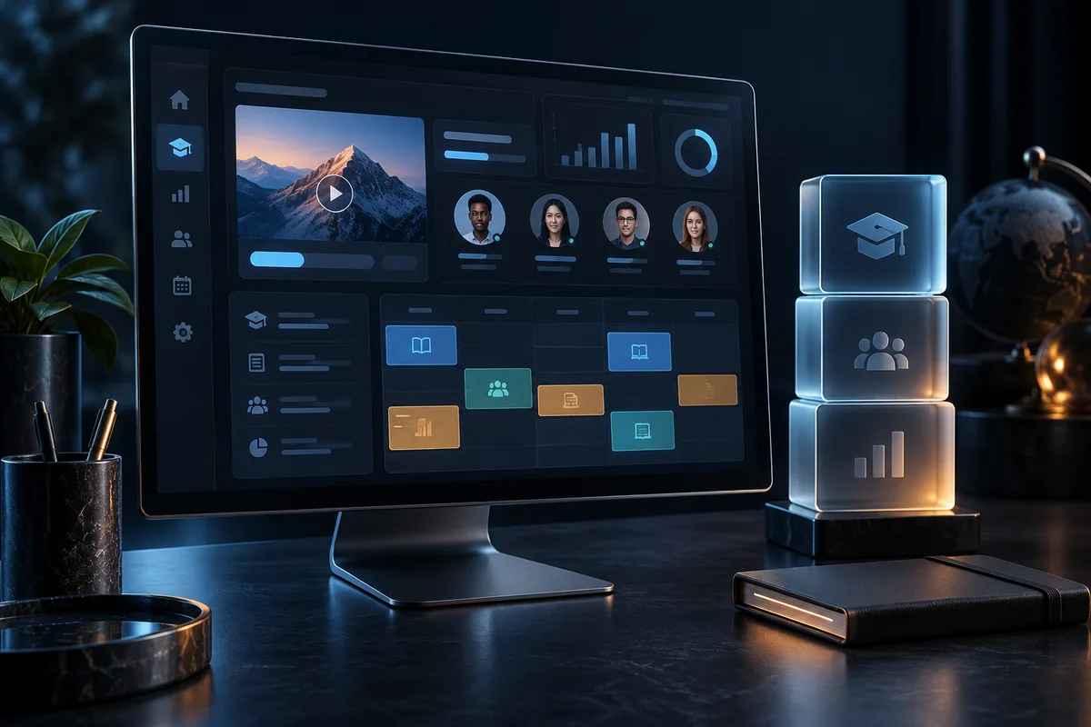 Illustration d’une plateforme de gestion avec modules et tableau de bord